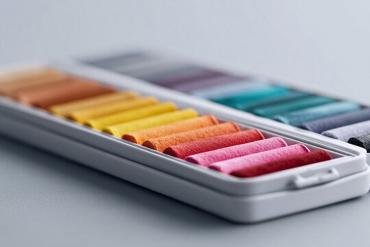 Vibrant pastels in a case, arranged in color gradients. Symbolizes art, creativity, and expression. Perfect for design, education, and artistic endeavors.