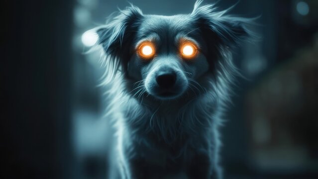 Ethereal Canine Gaze: Glowing Eyes, Dark Ambiance, Mystical Dog Portrait