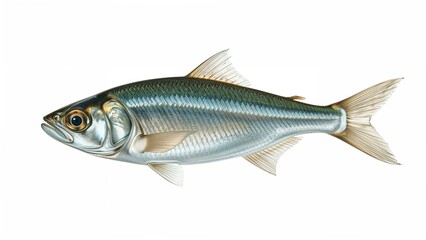 True-to-life portrayal of the anchovy (Engraulis), a saltwater fish, on a white surface for a fish identification manual.