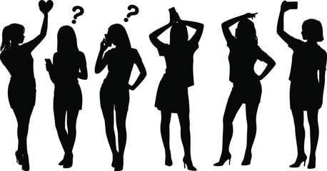 Silhouettes of six women posing, holding phone, heart symbol, question marks, thinking, selfie, diverse female figures, isolated white background.