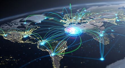 Global network of connections and data flow across the earth at night