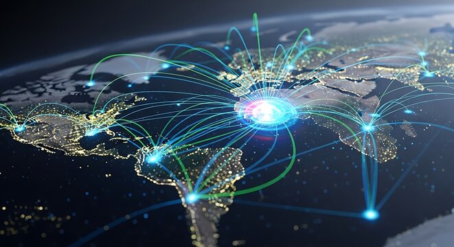 Global network of connections and data flow across the earth at night
