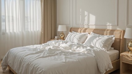 Sunlit bedroom with rumpled sheets and sheer curtains in a stylish residence. Theme of interior elegance and comfortable living.