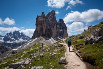 A tourist enjoys a summer hike along the scenic trail leading to the majestic Cime di Lavaredo trail in the Dolomites, Italy 