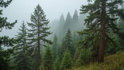 Lush old-growth woods featuring pine, fir, and spruce in a misty setting.