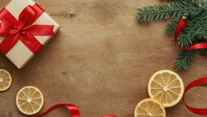 Dried lemon slices alongside a gift box, Christmas ornaments, and a pine branch on a wooden surface