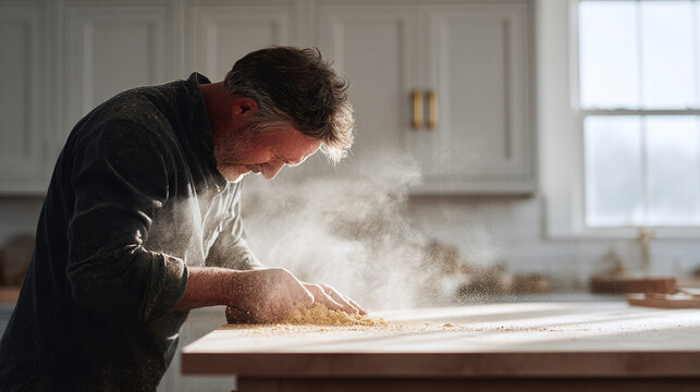 Focused craftsman meticulously sanding wood in bright, natural light. Concept of skill, dedication, and craftsmanship. Ideal for home improvement, DIY, or artisan business themes. - Powered by Adobe