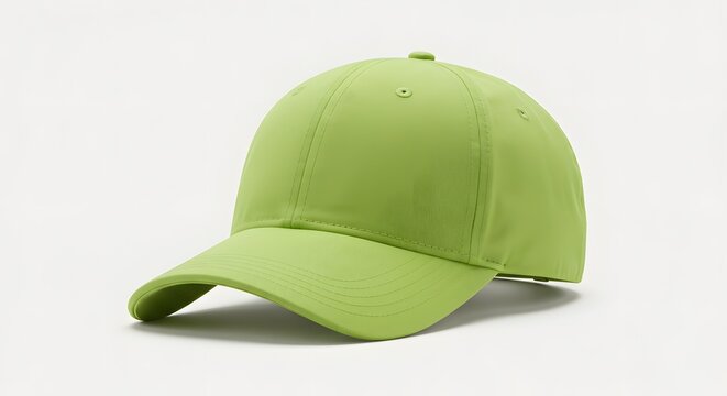 A vibrant, lime-green baseball cap displayed against a clean, white backdrop. Isolated background hat, baseball cap, baseball hat, hat, Front, back and angle view of adult man caps mockup.
