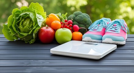 Healthy food, sports sneakers, and weighing scale. Balanced lifestyle concept for fitness and well-being. Diet and exercise.
