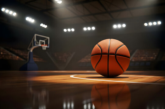 Basketball on Court Under Stadium Lights in Professional Sports Arena