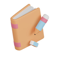 3d education icon with book pencil and eraser for learning and study concept