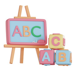 Education 3d icon with colorful alphabet blocks and board for learning fun