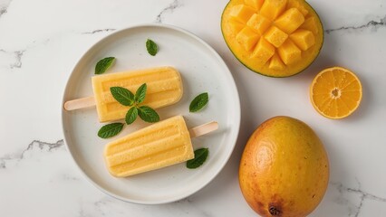 Frozen mango smoothie with mint and fresh fruit, served on a plate over white marble, featuring organic ice cream and popsicles, healthy dessert options, top-down view, space for text