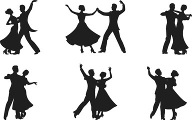 Elegant couple dancing silhouettes, ballroom dancers in motion, romantic performance, formal dance, classical waltz style, isolated on white background.