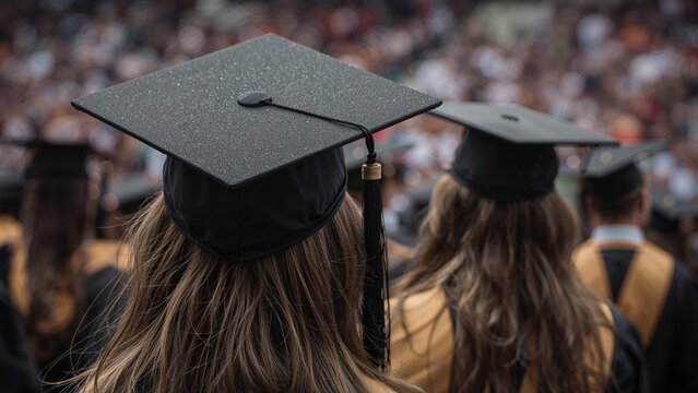 Rear perspective of young women in graduation caps among a group of graduates at a ceremony. Theme of academic achievement and celebration. Softly focused graduation scene. - Powered by Adobe