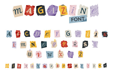 Magazine font. Letters and numbers cut from newspapers and magazines. Anonymous, ransom, magazine, newspaper alphabet.