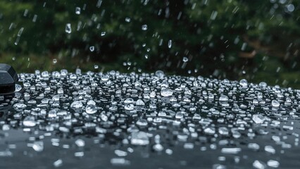 Heavy precipitation accompanied by hail striking a car's roof, with dynamic splashes and ice particles blurred by motion. Symbolizes vehicle insurance related to environmental hazards. Operating a