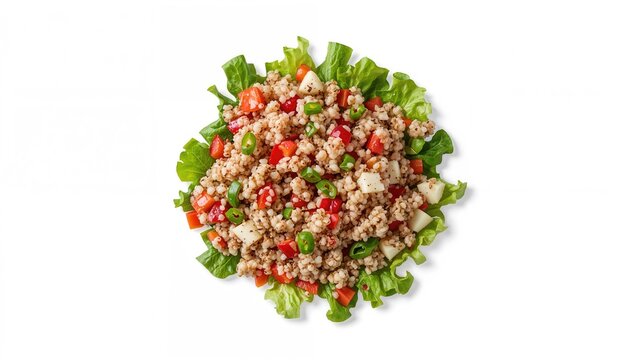 Quinoa replaces lettuce in this vibrant salad, offering a nutritious and vegan-friendly option for breakfast or snack time. Vertical photograph.