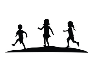 Three children running together silhouette