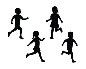 Four children running together silhouette