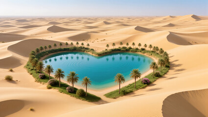 Enchanting heart-shaped oasis nestled in golden desert dunes