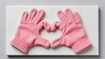 Creative heart shape formed with pink gloves on a white background