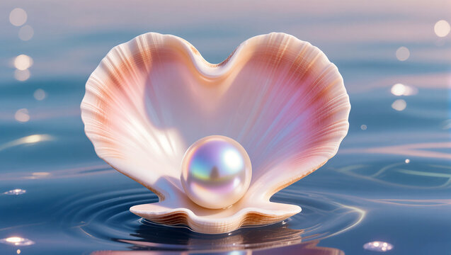Beautiful pearl nestled in a delicate seashell on calm waters