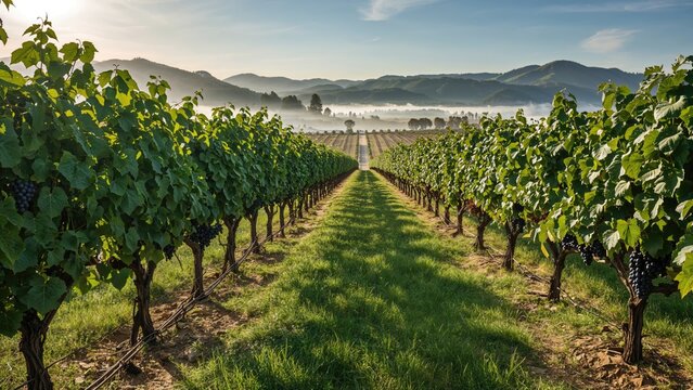 Sunlit Vineyard Filled with Vibrant Wine Grapes at Dawn