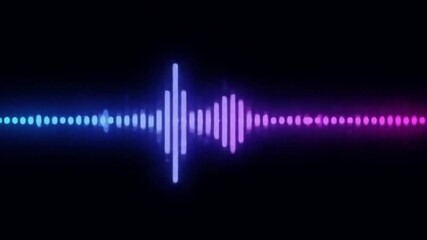 Vibrant neon audio waveform glowing with a blue and purple light gradient on a dark background, visualizing sound frequency - Powered by Adobe