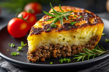 Shepherd’s pie on a plate. Delicious meat pie made of smashed potatoes, minced meat, lentil and vegetables.