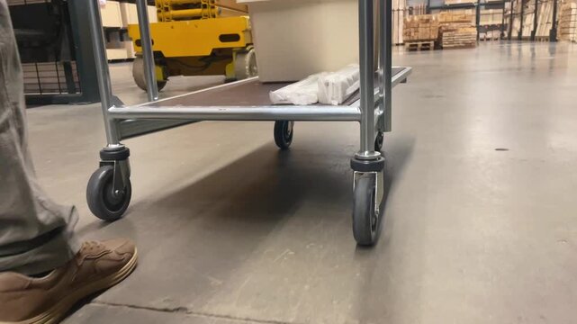 Close-up of a Heavy-Duty Cart Being Pushed, Focusing on a Wheel in a Construction Store