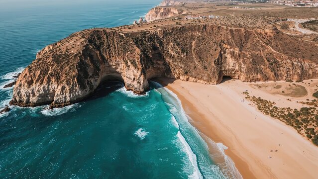 Impressive drone shot showcasing a scenic beach and coastal area in the southern region