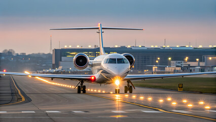 Modern private jet landing, bright lights, clear day, white background.
