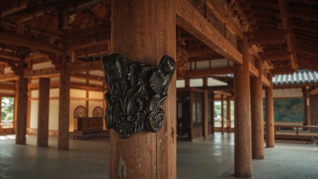 An ornamental metal fitting called sumibashira adorns the corner post of the main hall at a traditional temple, echoing the design of a bargeboard at a different religious site.