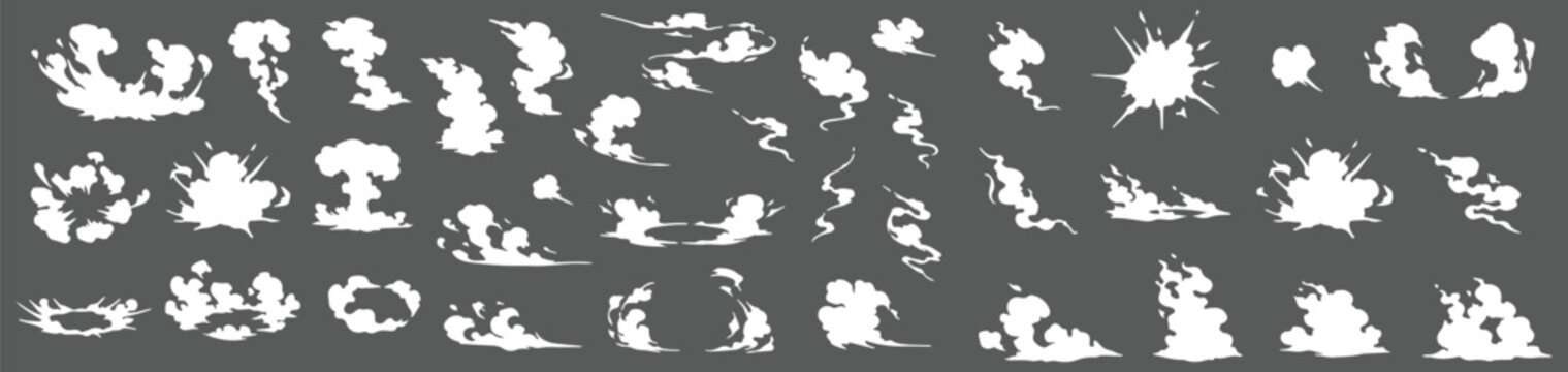 Smoke illustration set for special effects template. Steam clouds, or vapor 2D VFX mist, fume, fog, dust, Clipart element for animation vector file eps