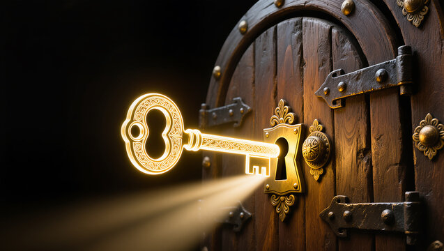 Mysterious key illuminates ancient wooden door at midnight