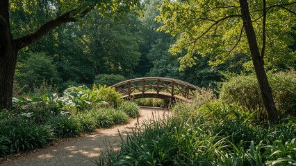 A tranquil garden landscape showcasing a quaint bridge amidst dense foliage and vibrant blooms, with a meandering trail through a calm, sun-dappled setting.