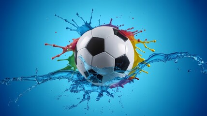 Fototapeta premium Vibrant high-resolution soccer ball with colorful paint and water splash on blue background, ideal for sports branding, youth events, tournament posters, creative ads, and energetic promotional visual