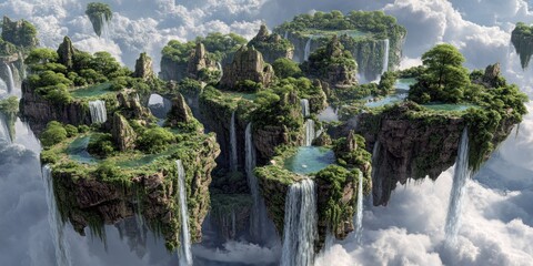 Broken aerial world with waterfalls flowing from one shard to another