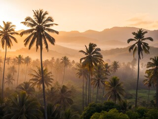 Golden Sunrise over Misty Tropical Landscape with Palm Trees