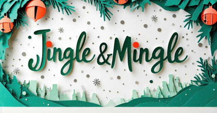 Festive papercraft scene features Jingle Mingle text over winter landscape. Lanterns, pine branches, snowflakes complete design.