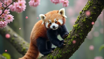Fototapeta premium Red Panda Climbing Tree Branch with Flowers