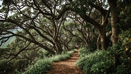 High quality photograph of a path lined with eucalyptus trees