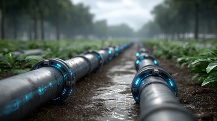 Irrigation pipeline across Farm: A long, detailed shot reveals a network of state-of-the-art pipelines meticulously laid across a field of crops, suggesting a modern, eco-friendly approach to farming.