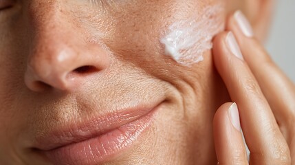 Fototapeta premium Woman gently applying nourishing cream to her face for healthy, glowing skin and anti-aging benefits.