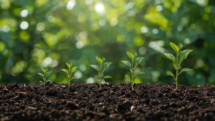 Multiple tiny trees of varying heights growing before a vibrant green background represent the significance of caring for nature, aligning with the global celebration of environmental awareness.