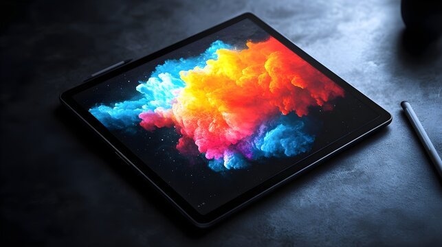 Modern foldable smartphone displaying vibrant colorful abstract explosion on screen with stylus