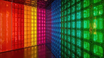Dynamic and colorful space inside, decorated with intricate wall patterns in various hues, combining minimalist aesthetics with shiny acrylic materials illuminated by artificial lighting