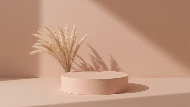 Minimalist geometric podium for beauty product display with dry pampas grass and gentle shadow, top view flat lay.