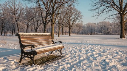 Frozen park scene with an unoccupied bench under a layer of snow, capturing a quiet morning mood.